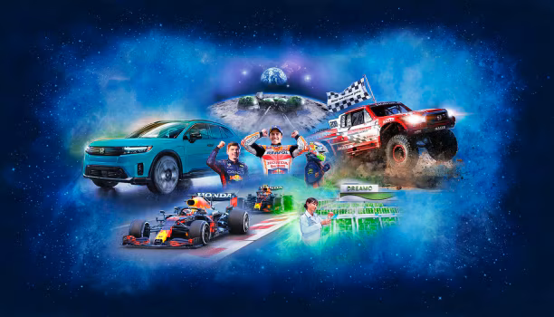 A Honda collage showcasing diverse mobility: SUV, rally truck, F1 cars, athletes celebrating, and green technology with a space-themed background.